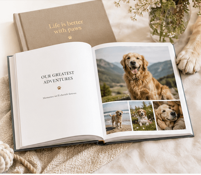 Open PawPrints photobook with golden retriever photos