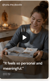 Pet parent reading a photobook with a dog